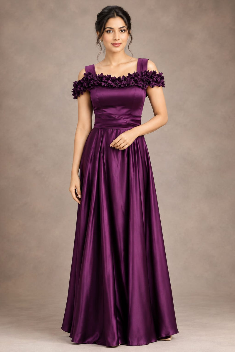 Plum Satin Silk Evening Gown
