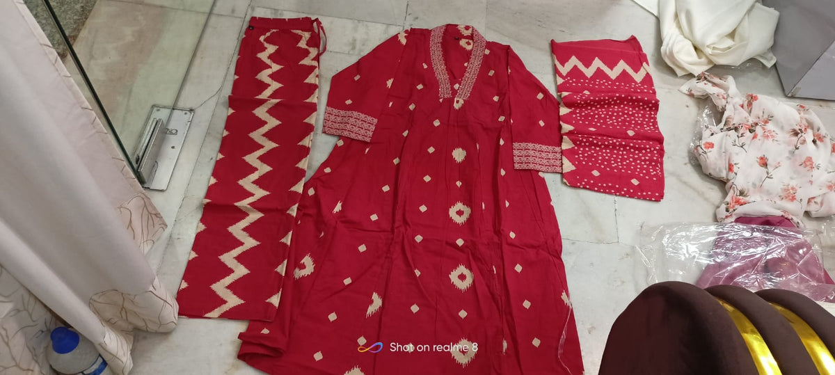 Red Ethnic Three-Piece Suit Set